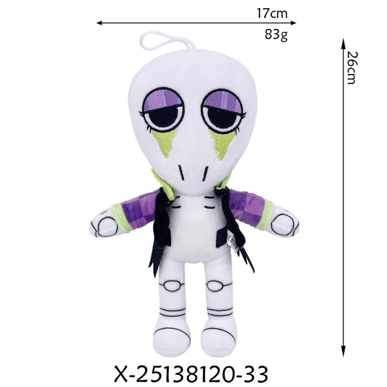 K&ouml;nnte beinhalten: Wei&szlig;es Pl&uuml;schtier mit einem stilisierten Alien-Design. Die Puppe hat gro&szlig;e, dunkle Augen, gr&uuml;ne Akzente und eine lila-gr&uuml;n gemusterte Jacke. Sie ist 26 cm hoch und 17 cm breit und wiegt 83g. Der Produktcode lautet X-25138120-33.