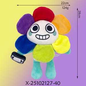 K&ouml;nnte beinhalten: Ein Pl&uuml;schblumentier mit einem l&auml;chelnden Gesicht und bunten Bl&uuml;tenbl&auml;ttern. Das Spielzeug ist etwa 28 cm hoch und 22 cm breit und wiegt 124 g. Es hat eine kleine Kassette an einem Arm befestigt. Der Text "X-25102127-40" steht unten.