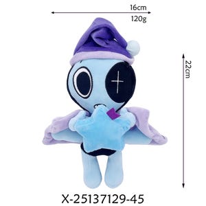 K&ouml;nnte beinhalten: Blau-violette Pl&uuml;schpuppe, 22 cm hoch, mit sternf&ouml;rmigem Accessoire. Die Puppe hat gro&szlig;e Augen und ein Kreuzdetail. Sie ist 16 cm breit und wiegt 120 g. Der Produktcode lautet X-25137129-45.