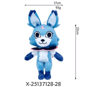 K&ouml;nnte beinhalten: Ein blaues Pl&uuml;schfuchs-Spielzeug mit gro&szlig;en Ohren, einer wei&szlig;en Schnauze und einem rosa Mond auf dem Kopf. Das Spielzeug ist 22 cm hoch und 17 cm breit und wiegt 93 g. Es hat einen wei&szlig;en und rosa Kragen und dunkelblaue Akzente. Der Produktcode lautet X-25137128-28.