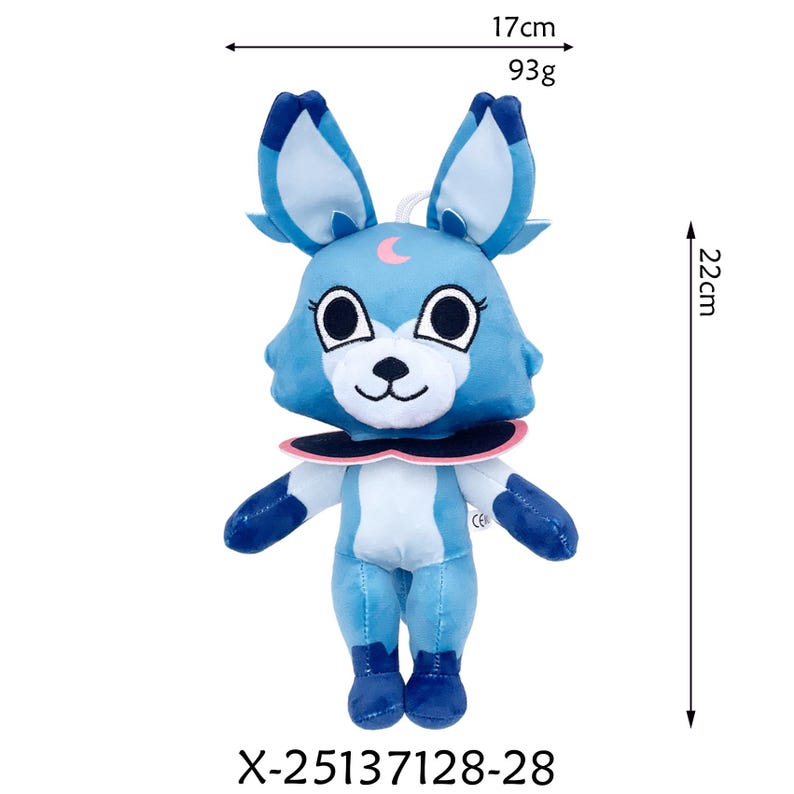 K&ouml;nnte beinhalten: Ein blaues Pl&uuml;schfuchs-Spielzeug mit gro&szlig;en Ohren, einer wei&szlig;en Schnauze und einem rosa Mond auf dem Kopf. Das Spielzeug ist 22 cm hoch und 17 cm breit und wiegt 93 g. Es hat einen wei&szlig;en und rosa Kragen und dunkelblaue Akzente. Der Produktcode lautet X-25137128-28.