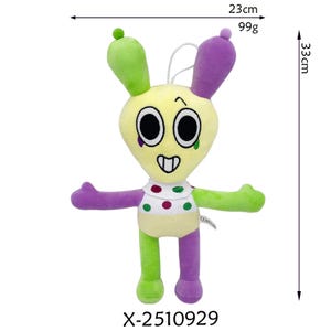 K&ouml;nnte beinhalten: Ein Pl&uuml;schtier-Alien mit gelbem Kopf, gr&uuml;nen und lila Ohren und ausgestreckten Armen. Das Spielzeug ist 33 cm hoch und 23 cm breit und wiegt 99g. Es hat gro&szlig;e schwarze Augen, einen l&auml;chelnden Mund und einen gepunkteten Kragen. Der Produktcode lautet X-2510929.