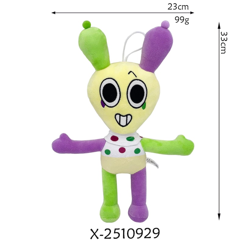 K&ouml;nnte beinhalten: Ein Pl&uuml;schtier-Alien mit gelbem Kopf, gr&uuml;nen und lila Ohren und ausgestreckten Armen. Das Spielzeug ist 33 cm hoch und 23 cm breit und wiegt 99g. Es hat gro&szlig;e schwarze Augen, einen l&auml;chelnden Mund und einen gepunkteten Kragen. Der Produktcode lautet X-2510929.