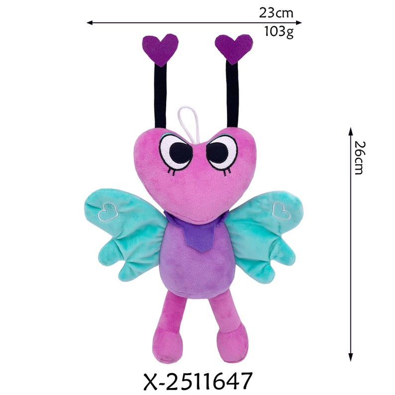 K&ouml;nnte beinhalten: Ein herzf&ouml;rmiges Schmetterlings-Pl&uuml;schtier mit lila, rosa und t&uuml;rkisfarbenen Fl&uuml;geln. Das Spielzeug ist 26 cm hoch und 23 cm breit und wiegt 103 g. Es hat schwarze F&uuml;hler mit lila herzf&ouml;rmigen Spitzen. Produktcode: X-2511647.