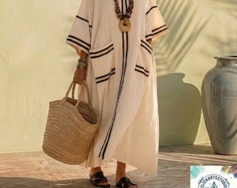 Boho maxi-jurk dames linnenmix V-hals Casual vakantiekleding vakantiejurk met zak