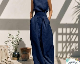 Mouwloze, hoogsluitende handgemaakte jumpsuit | Katoenen linnen outfit met wijde pijpen | Elegante vrijetijdskleding