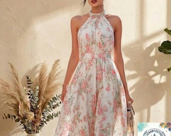 Gebloemde maxi-jurk met halter, boho zomeroutfit voor bruiloftsgast, handgemaakte soepelvallende polyester jurk