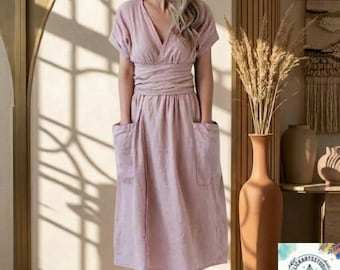 Midi-jurk van katoenlinnen dames: V-hals, korte mouw, casual vakantie-outfit