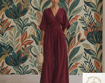 Dames jumpsuit wijde pijpen V-hals zomeroutfit Taille cinching eendelig polyester rompertje