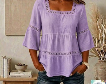 Katoenen linnen top met kanten rand, handgemaakte bohoblouse dames, peplumshirt met vierkante hals