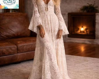 Boho kanten maxi-jurk | Handgemaakte romantische jurk | Trouwjurk met V-hals en klokmouwen voor dames