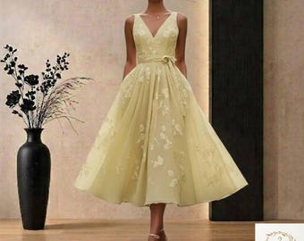 Elegante maxi-jurk met v-hals en mouwloos - Handgemaakte A-lijn bedrukte polyester formele feestjurk