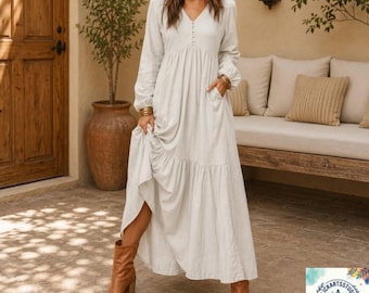 Linnen boho maxi-jurk voor dames | Oversized cottagecore-jurk met lange mouwen | Relaxte vakantiekleding