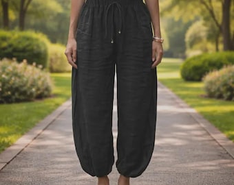 Pantalones harem de lino para mujer, pantalones bohemios de pierna ancha, pantalones de descanso con cintura elástica.