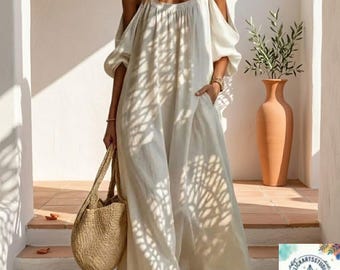 Oversized handgemaakte schouderlange maxi-jurk linnen katoen boho zomerkaftan met zakken dames