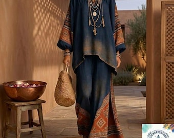 Tweedelige set dames met bohoprint, handgemaakte palazzobroek met wijde pijpen en oversized tuniekoutfit