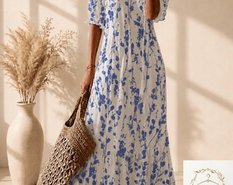 Boho bloemen maxi-jurk dames, handgemaakte zomerstrandjurk met v-hals, vloeiende vakantie-outfit