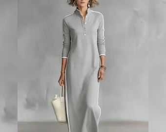 Maxi-jurk met knoopkraag en witte rand | Handgemaakte katoenen jurk met lange mouwen | Elegant comfort