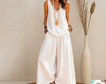 Tweedelige set dames, handgemaakte boho-loungeset, hemdtop en outfit wijde broek