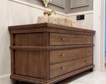 Classic Wooden Bathroom Vanity   Solid Oak Double Sink Cabinet   Luxury Rustic Bathroom Console with Drawers