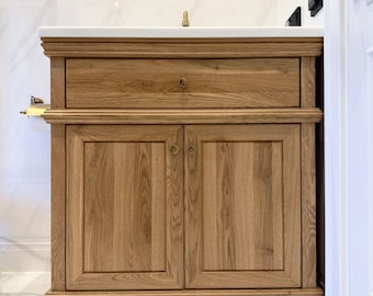 Rustic Oak Bathroom Vanity   Solid Wood Sink Cabinet   Farmhouse Bathroom Storage Vanity with Drawer and  Double Doors