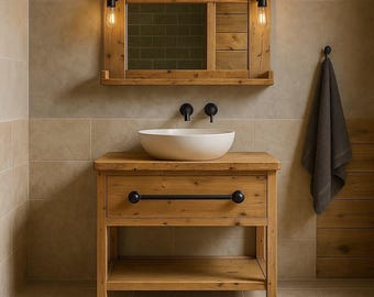 Mobile bagno rustico in legno di frassino con maniglia in tubo industriale, mobile contenitore da bagno in stile rustico, specchio da bagno in legno con applique.