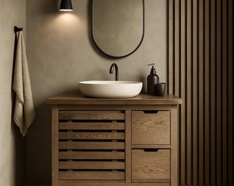 Mueble de baño bajo lavabo de roble macizo, mueble de baño moderno de madera, muebles de baño de diseño hechos a mano.