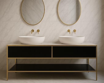 Double Vanity Unit   Gold Stainless Steel and  Black Matte Bathroom Cabinet   Luxury Floating Look Vanity with Tempered Glass Shelf