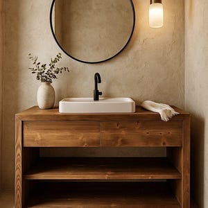 May include: A modern bathroom vanity with a rectangular white sink and a black faucet. The vanity is made of light brown wood and has two drawers and two open shelves. A round black mirror hangs above the sink.