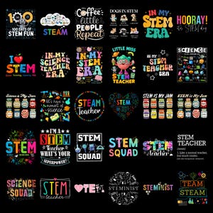 Może przedstawiać: Kolekcja trzydziestu kolorowych projektów graficznych na czarnym tle, zawierająca ilustracje i napisy o tematyce STEM, takie jak 100 Days of STEM Fun, In My STEM Era, Science is My Jam, STEM Squad i STEM Teacher z różnymi ikonami naukowymi.