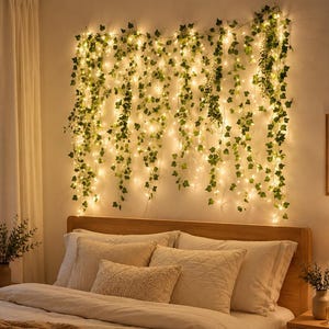 May include: A string of artificial green ivy vines intertwined with warm white LED fairy lights, hanging horizontally against a wall. The vines feature numerous small, detailed green leaves and glowing lights that create a soft illumination.