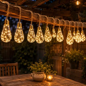 May include: A string of clear glass light bulbs hanging from a rustic wooden beam. Each bulb contains a delicate copper wire with small, glowing warm white LED lights. The bulbs vary in size and are suspended by thick, natural jute rope cords.