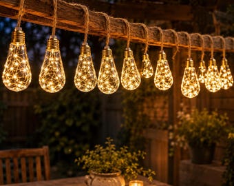 May include: A string of clear glass light bulbs hanging from a rustic wooden beam. Each bulb contains a delicate copper wire with small, glowing warm white LED lights. The bulbs vary in size and are suspended by thick, natural jute rope cords.