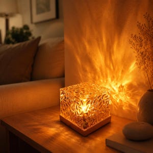 May include: A square-shaped table lamp featuring a textured, translucent glass cube housing an internal light source, set upon a simple wooden base. The lamp emits a warm, golden glow that casts intricate, flame-like light patterns onto the wall.