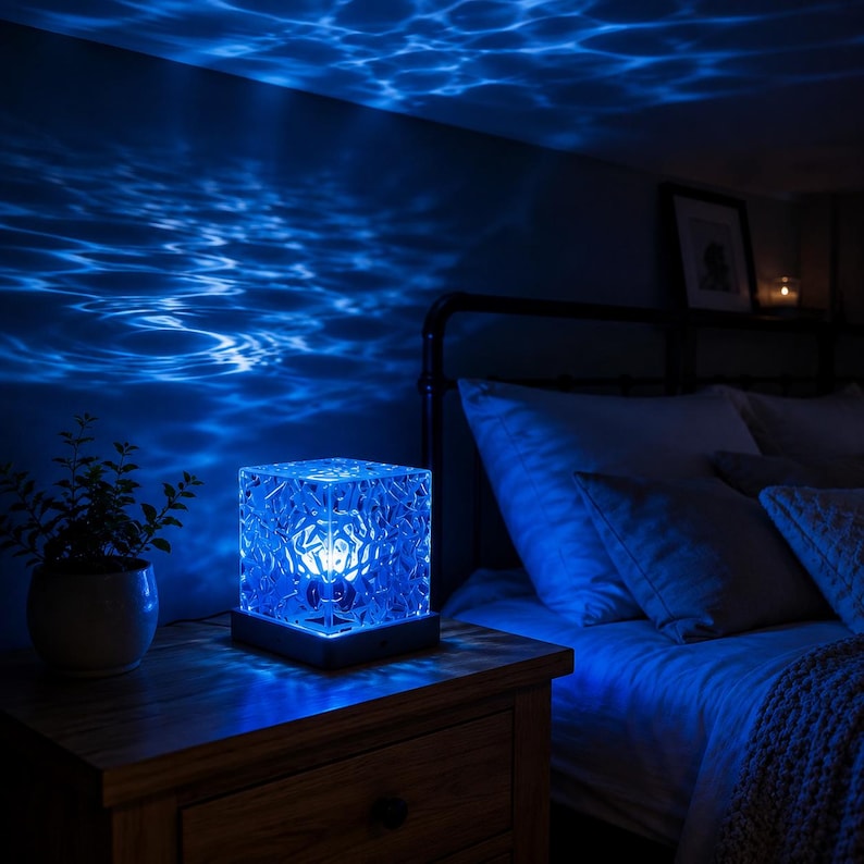 May include: A square, translucent blue lamp with a textured, crystalline surface sits on a dark base. The lamp emits a bright light, casting dynamic, rippling water-like patterns across the surrounding wall and ceiling in a deep blue hue.