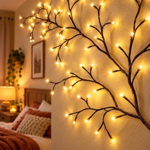 May include: A decorative wall-mounted branch light fixture featuring dark brown textured stems adorned with numerous small, glowing warm white LED bulbs that mimic the appearance of a tree branch illuminated against a plain wall surface.