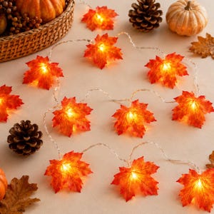May include: A string of LED fairy lights featuring artificial orange and red maple leaves. Each leaf is illuminated from within, creating a warm glow. The light strand is arranged on a surface alongside pinecones, small pumpkins, and dried leaves.