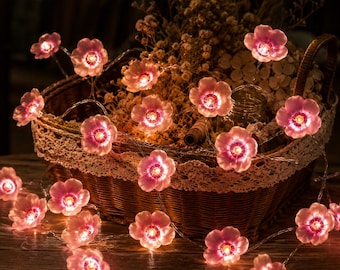 May include: A string of LED fairy lights featuring translucent pink flower-shaped covers. Each flower has five petals with a bright light source at the center. The lights are arranged in a decorative display, draped over and around a woven brown basket.