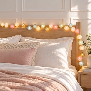 Guirnalda de luces LED con bolas de algodón en tonos pastel, 4 cm, diseño de globo tejido, luz tenue para dormitorio, decoración para estantes de guardería, decoración para fiestas, 3 m - 20 LED