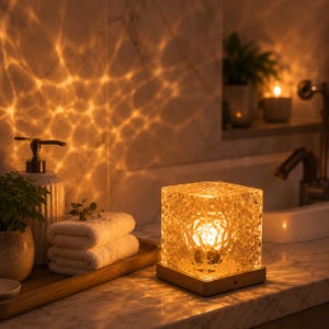 May include: A square, textured glass lamp with a warm, glowing light source inside, resting on a simple wooden base. The lamp casts intricate, rippling light patterns across the surrounding marble wall and countertop surface.