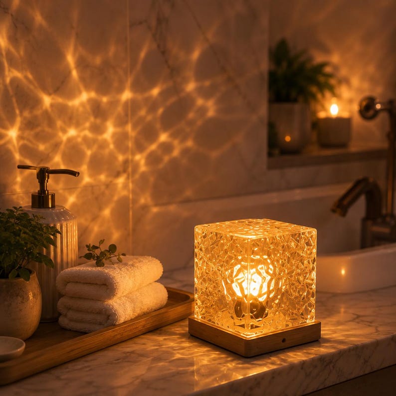 May include: A square, textured glass lamp with a warm, glowing light source inside, resting on a simple wooden base. The lamp casts intricate, rippling light patterns across the surrounding marble wall and countertop surface.