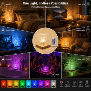 May include: A square, textured crystal-style table lamp with a wooden base, accompanied by a remote control. The lamp emits various colored light patterns, including warm white, blue, purple, and green, shown in multiple room settings.