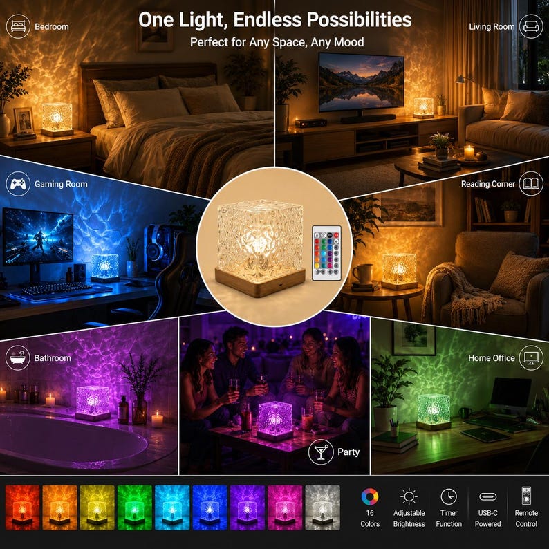 May include: A square, textured crystal-style table lamp with a wooden base, accompanied by a remote control. The lamp emits various colored light patterns, including warm white, blue, purple, and green, shown in multiple room settings.
