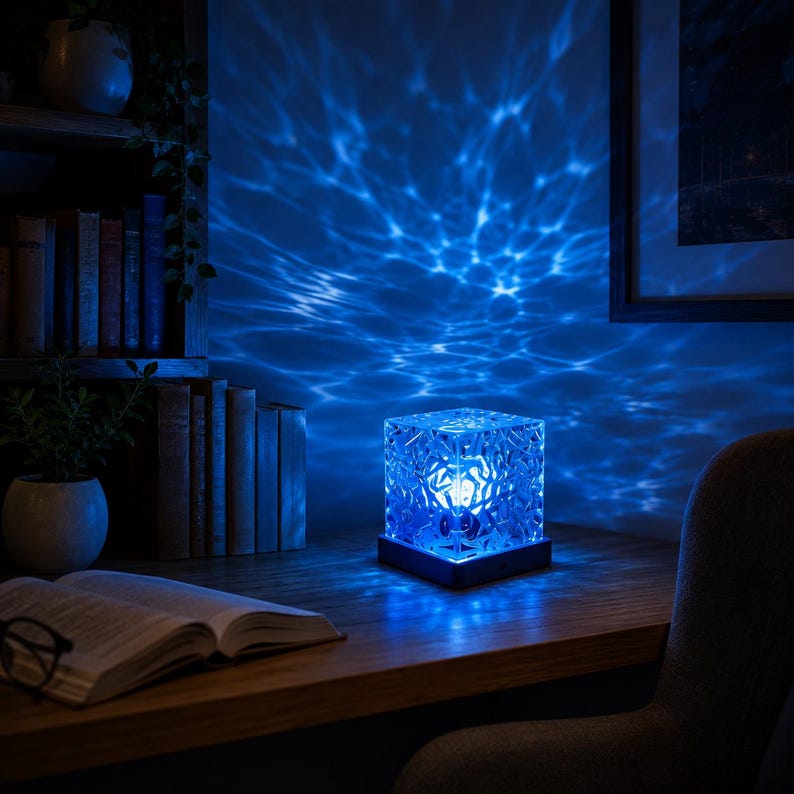 May include: A square, translucent lamp with a textured, crystalline surface that emits a vibrant blue light, casting intricate, rippling patterns onto the wall behind it. The lamp sits on a dark, flat base on a wooden surface.