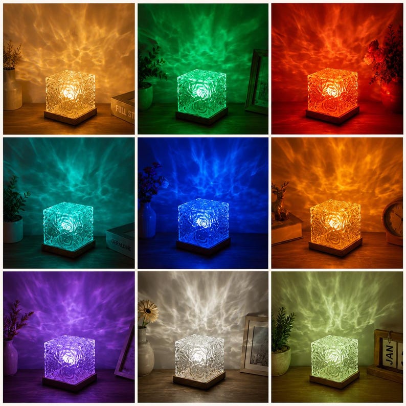 May include: A square glass lamp with a textured, rippled surface that projects colorful light patterns onto the surrounding wall. The lamp sits on a flat wooden base and is shown in nine different color variations including orange, green, red, teal, blue, yellow, purple, white, and light green.
