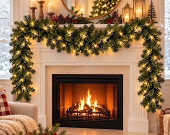 May include: A lush green artificial pine garland draped over a white fireplace mantel, illuminated by warm white string lights. The garland is decorated with pinecones and red berries, with a lit fireplace burning in the hearth below.