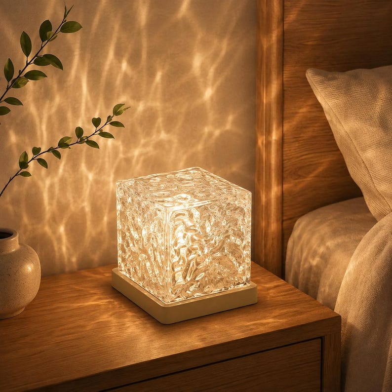 May include: A square table lamp featuring a textured, clear glass cube shade that emits a warm, rippling light pattern. The lamp is mounted on a simple, flat, light-colored wooden base, creating a soft glow on the surrounding wall.