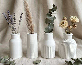 Pequeños jarrones para flores secas | Juego de 4 adornos de mesa de boda estilo boho | Mini jarrones blancos acanalados | Decoración escandinava para el hogar | Cerámica