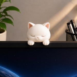 Sleeping Cat Monitor Topper | Cute 3D Printed Cat Screen Decor | Desk Companion | Computer Monitor Decoration | Office Desk Accessories Gift