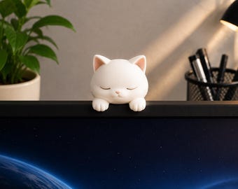 Surmatelas pour écran de chat endormi | Jolie décoration d'écran de chat imprimée en 3D | Compagnon de bureau | Décoration d'écran d'ordinateur | Cadeau d'accessoires de bureau